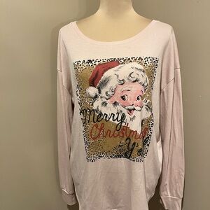 Southern Grace Light Pink Long Sleeve "Merry Christmas" Santa Tee Scoop neck, Md